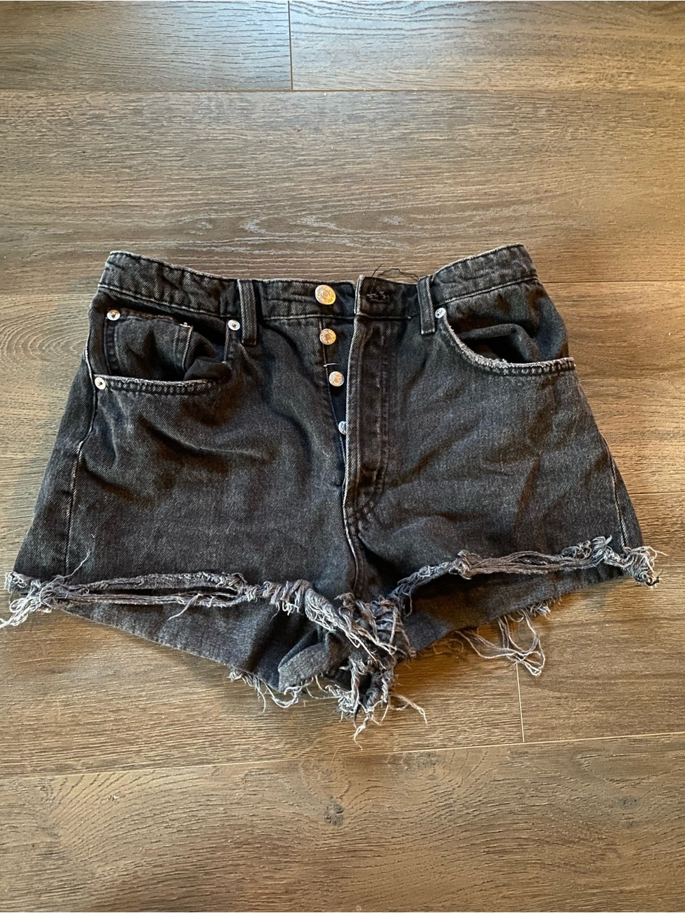 Zara Black Distressed High-Waist Denim Shorts